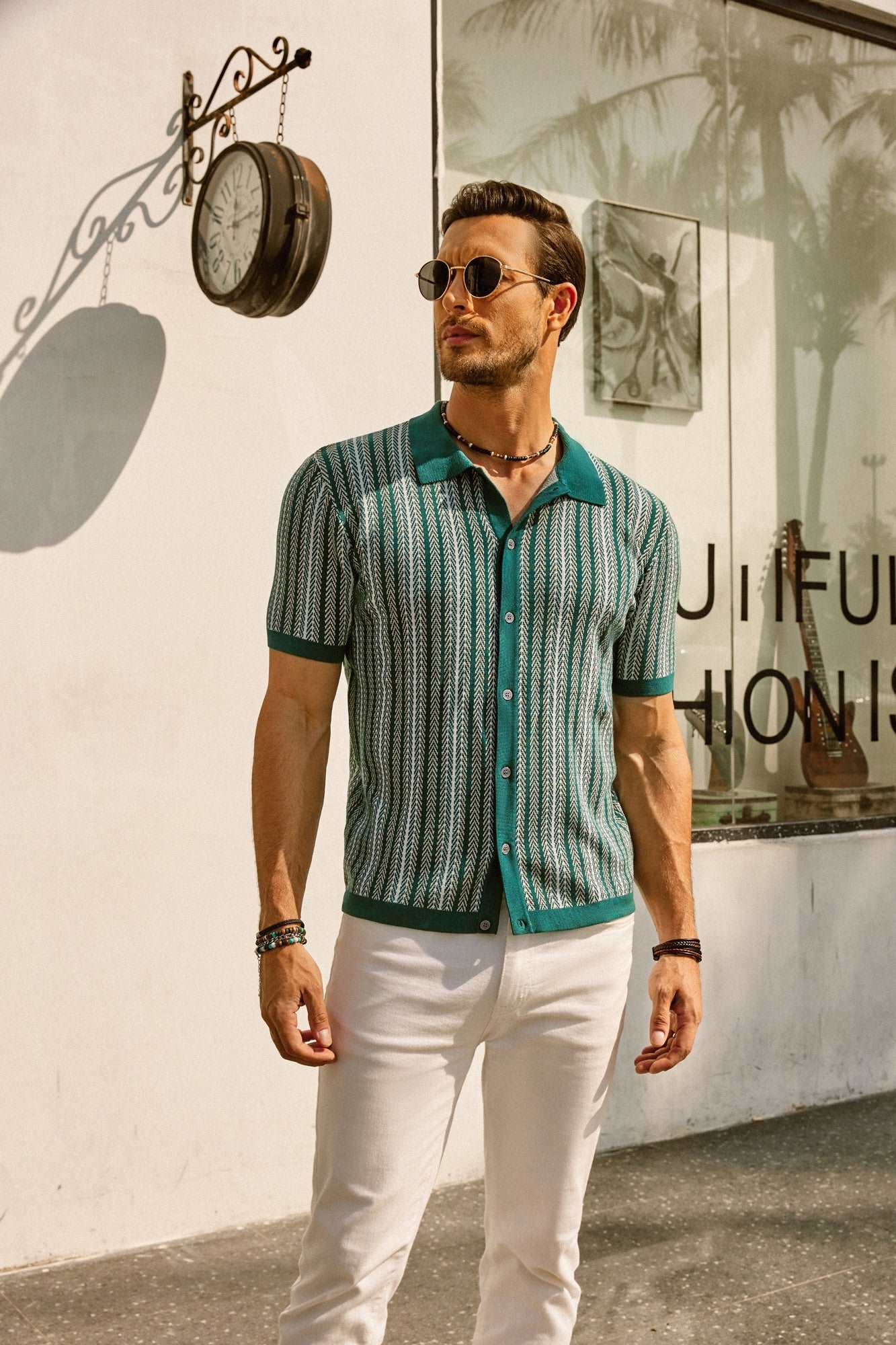 Men's Retro Stripe Polo Shirt with Short Sleeves and Collared Neckline