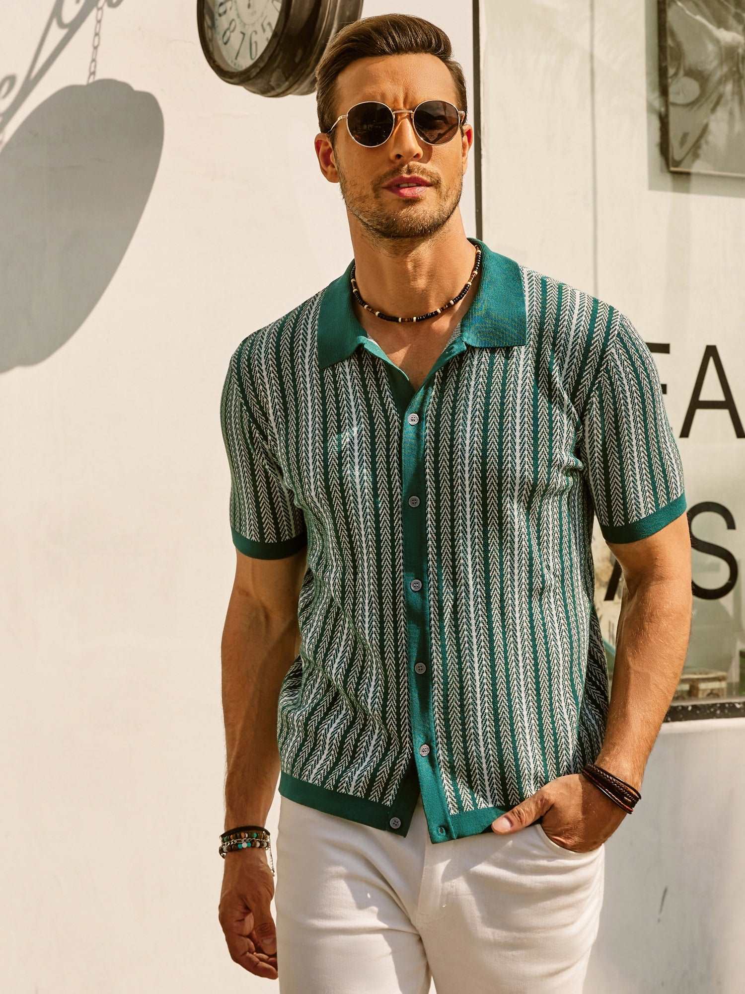 Men's Retro Stripe Polo Shirt with Short Sleeves and Collared Neckline