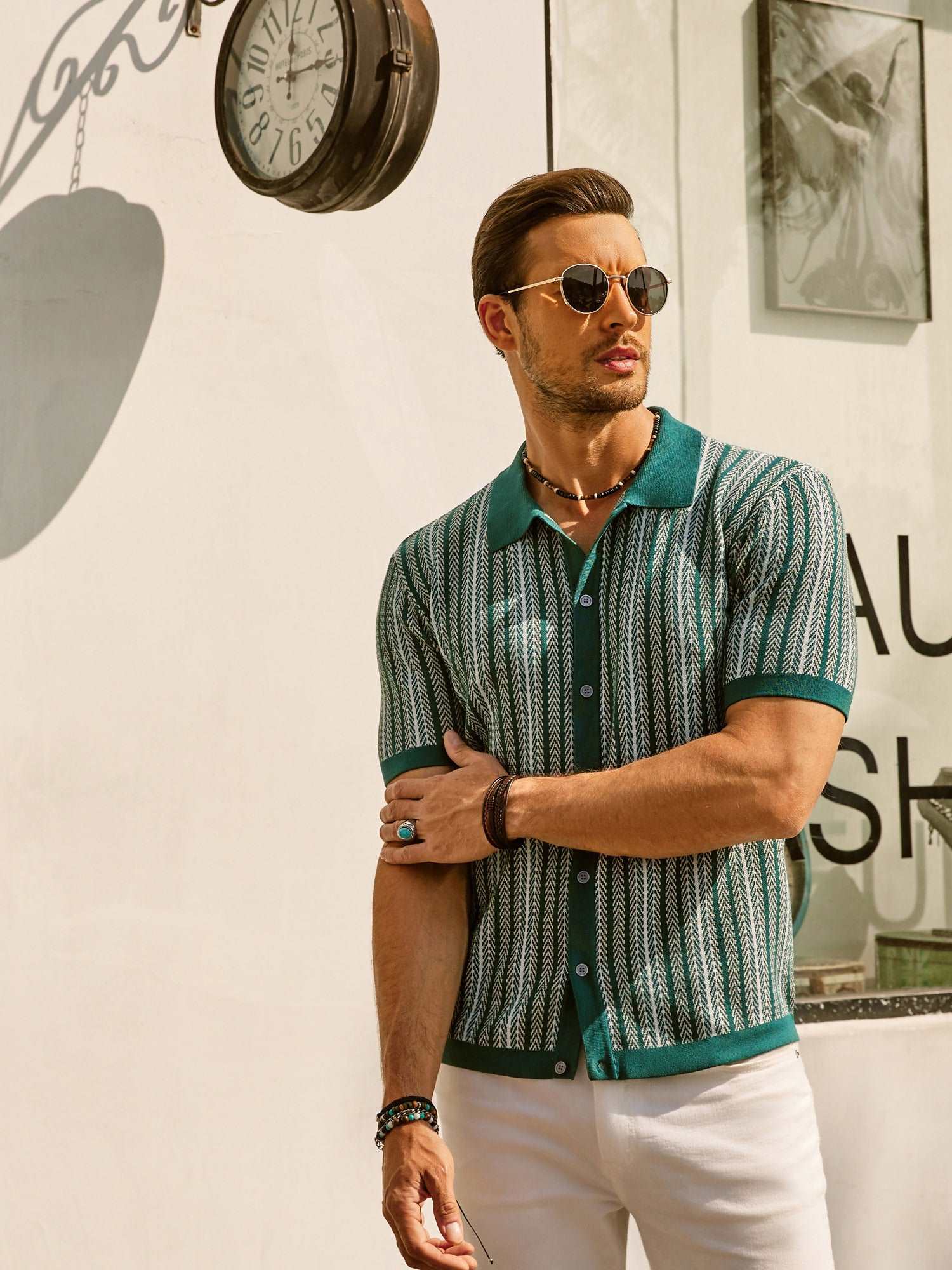 Men's Retro Stripe Polo Shirt with Short Sleeves and Collared Neckline