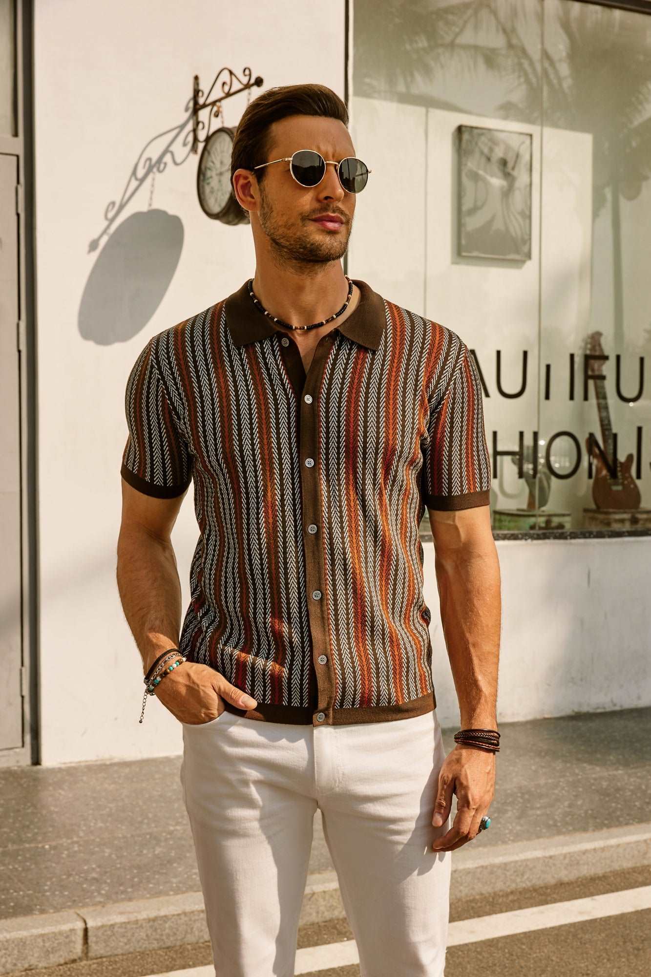 Men's Retro Stripe Polo Shirt with Short Sleeves and Collared Neckline