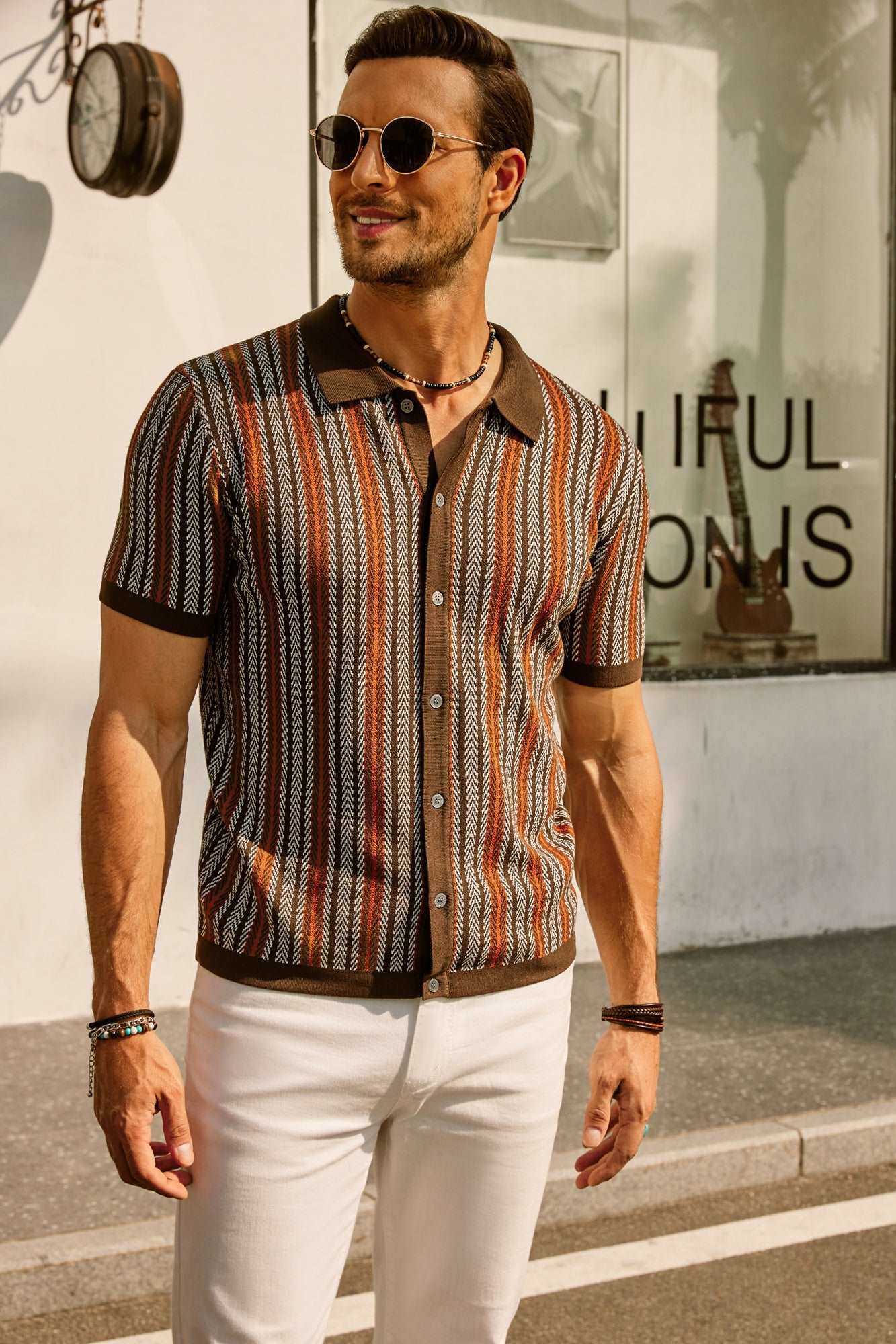 Men's Retro Stripe Polo Shirt with Short Sleeves and Collared Neckline