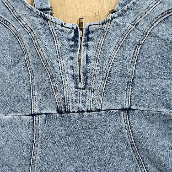 Women’s Fitted Denim Midi Dress - Sleeveless Design with Front Slit Detail
