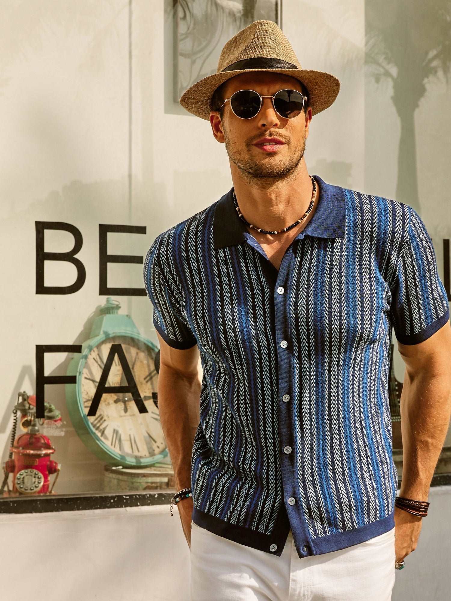 Men's Retro Stripe Polo Shirt with Short Sleeves and Collared Neckline