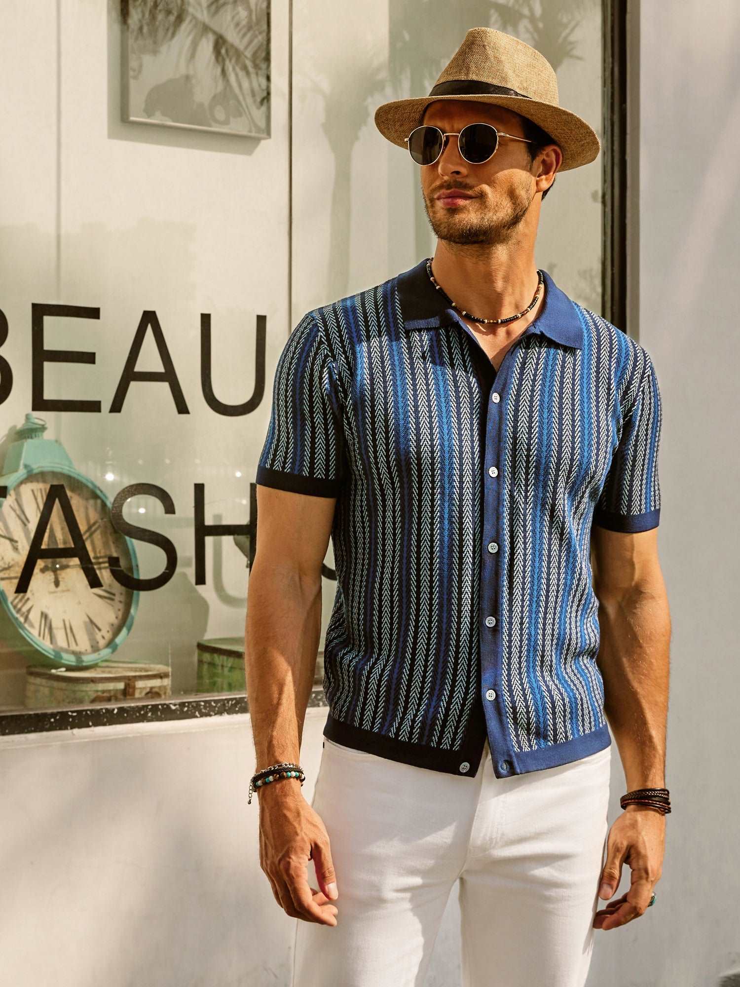Men's Retro Stripe Polo Shirt with Short Sleeves and Collared Neckline