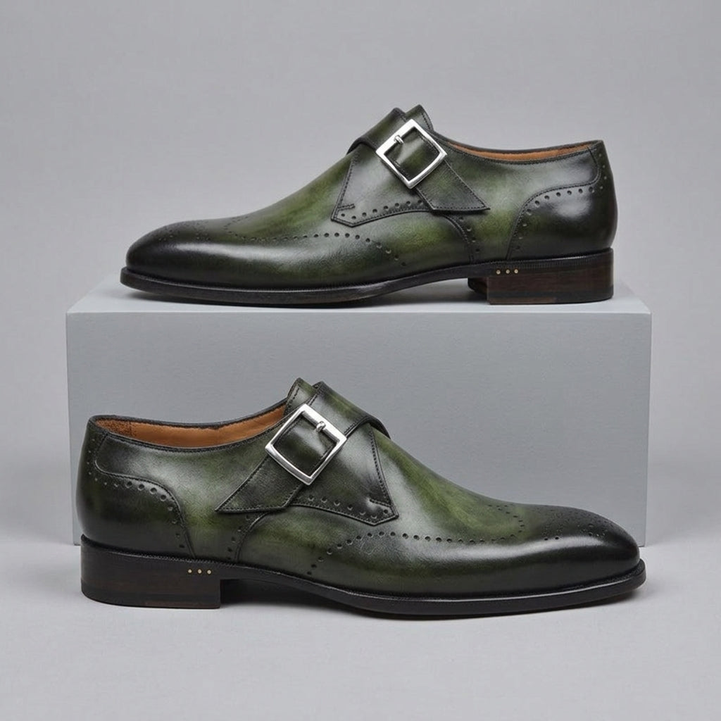 Men's Monk Strap Shoes Wingtip Brogue Low Block Heel