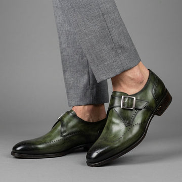 Men's Monk Strap Shoes Wingtip Brogue Low Block Heel