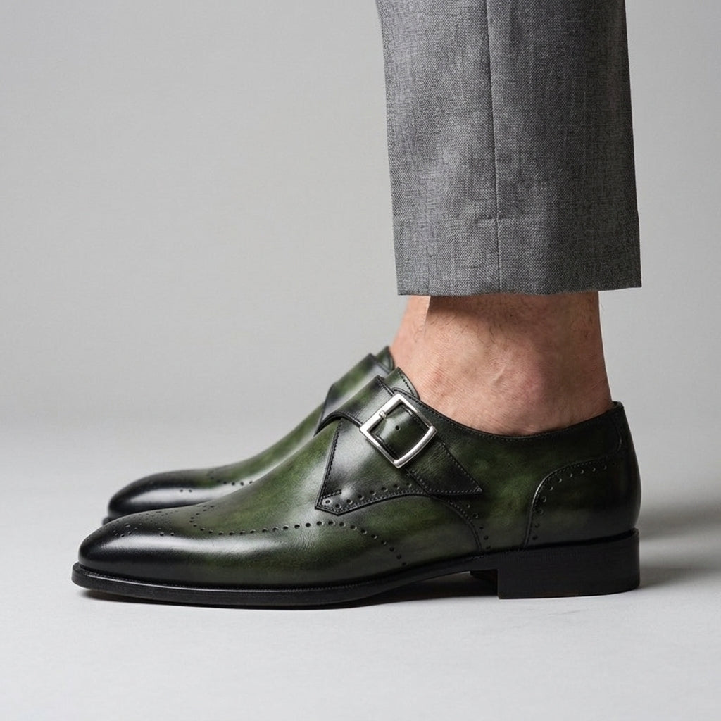Men's Monk Strap Shoes Wingtip Brogue Low Block Heel