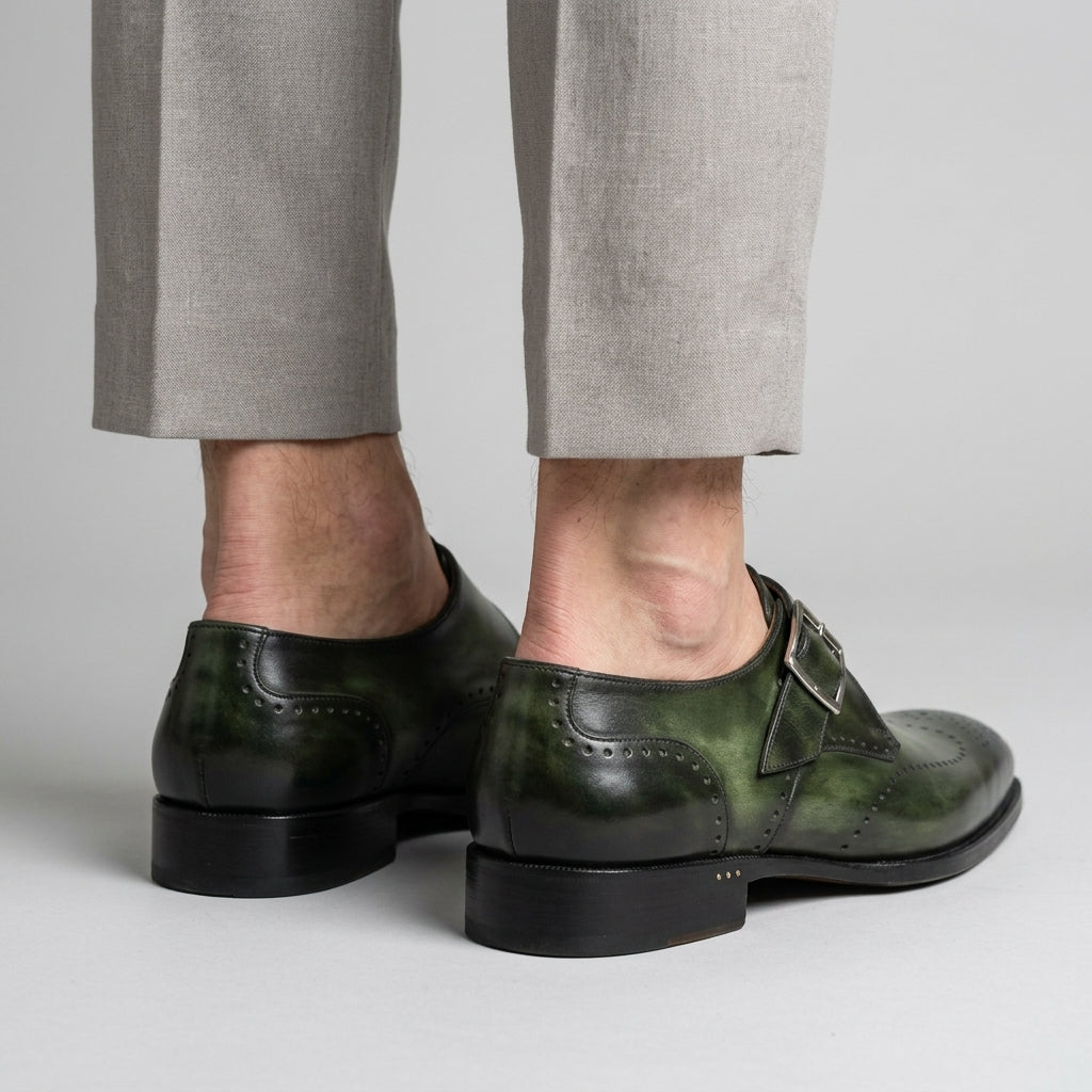 Men's Monk Strap Shoes Wingtip Brogue Low Block Heel