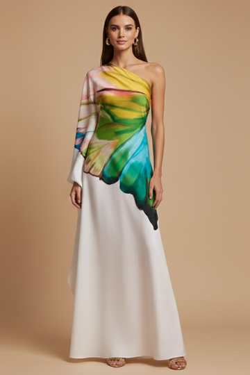 Ophelia | Elegant One Shoulder Abstract Print Maxi Dress