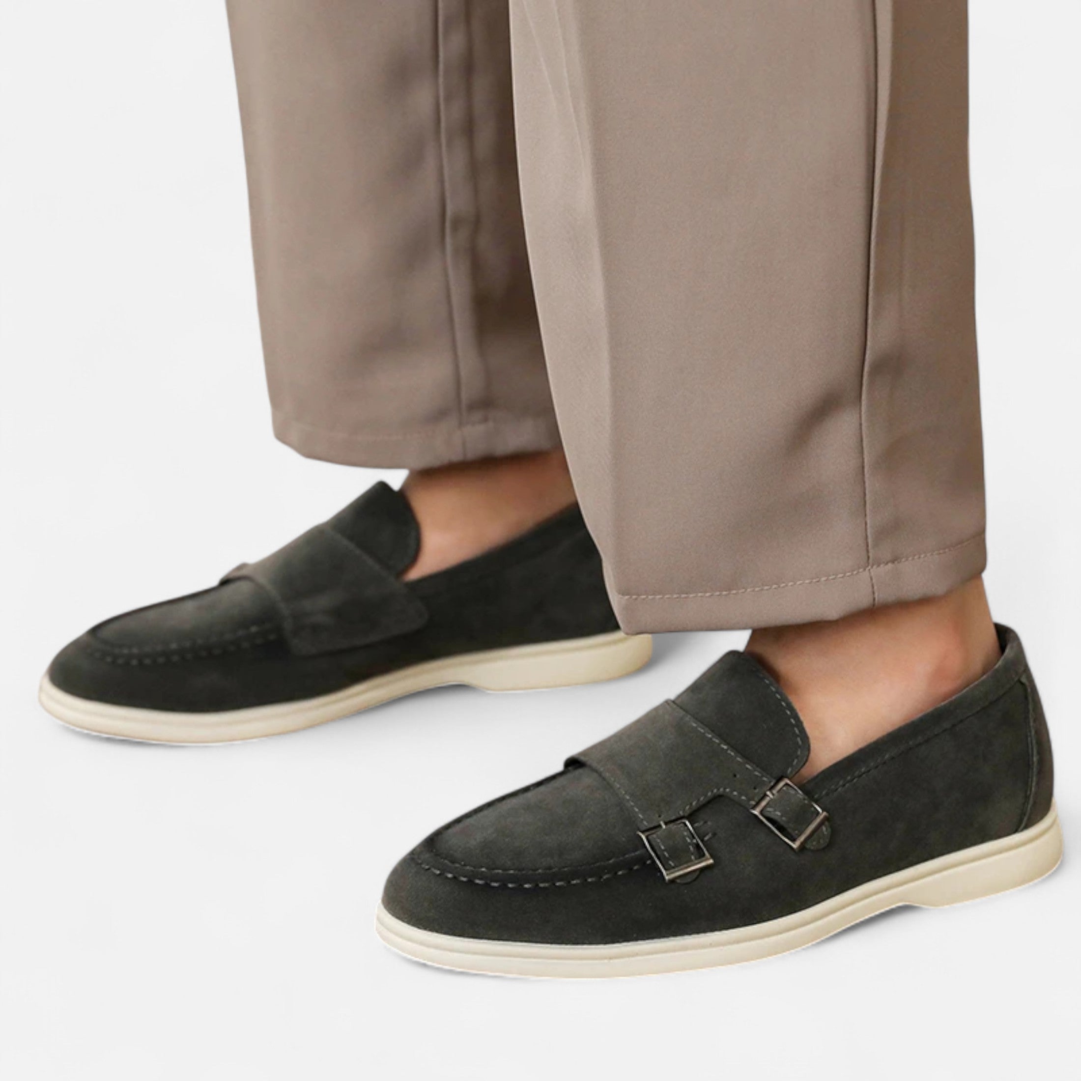 Men's Monk Strap Loafers Double Buckle Suede Slip-On