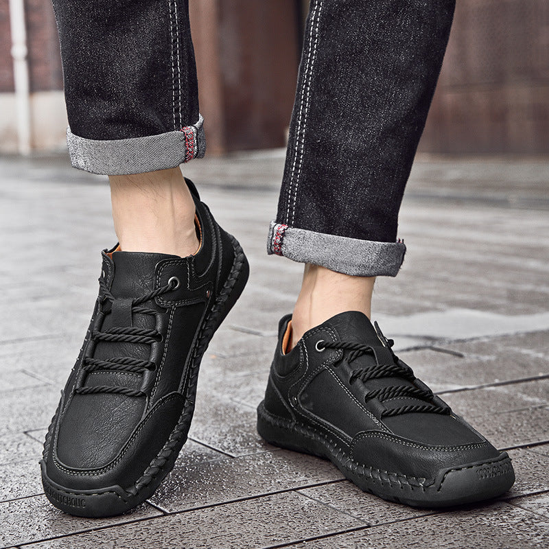 Men's Leather Lace-Up Shoes - Round Toe Rubber Sole