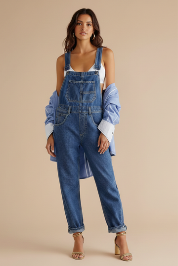 Women’s Relaxed Fit Dungarees with Crossed Back Straps and Side Pockets