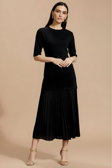 Women’s Pleated Midi Dress - 3/4 Sleeve Design with Refined Knit Silhouette