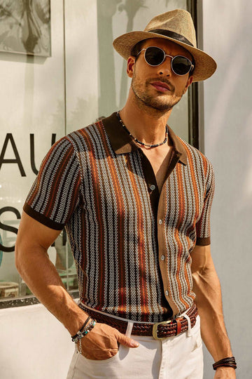 Men's Retro Stripe Polo Shirt with Short Sleeves and Collared Neckline