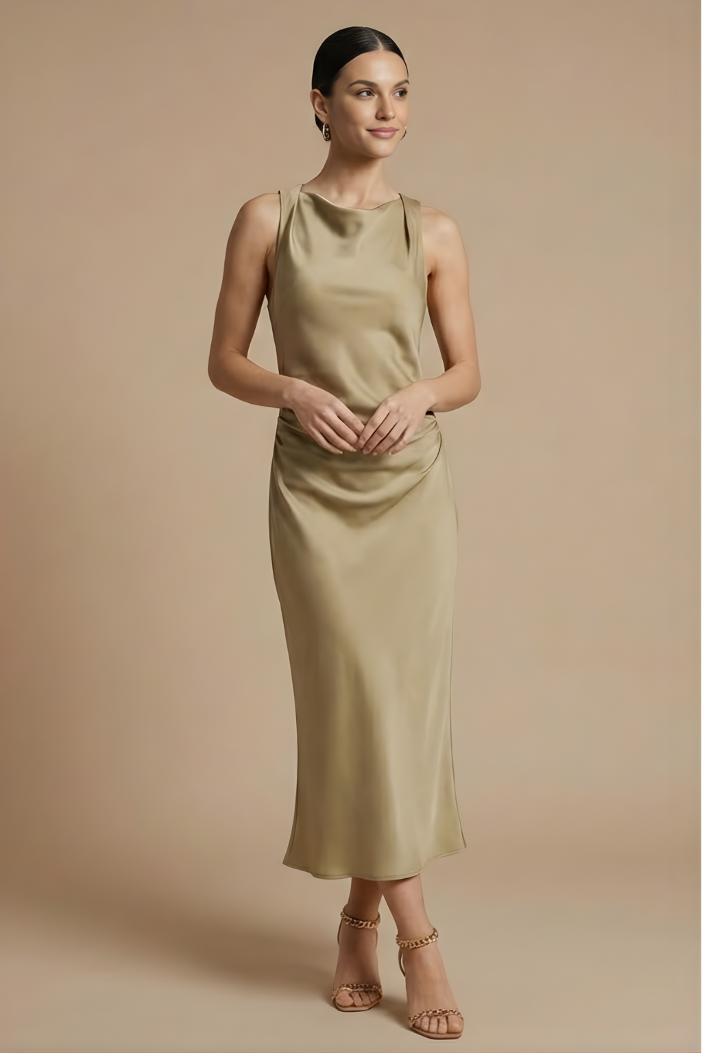 Women's Elegant Midi Dress - Sleeveless Design with Draped Neckline