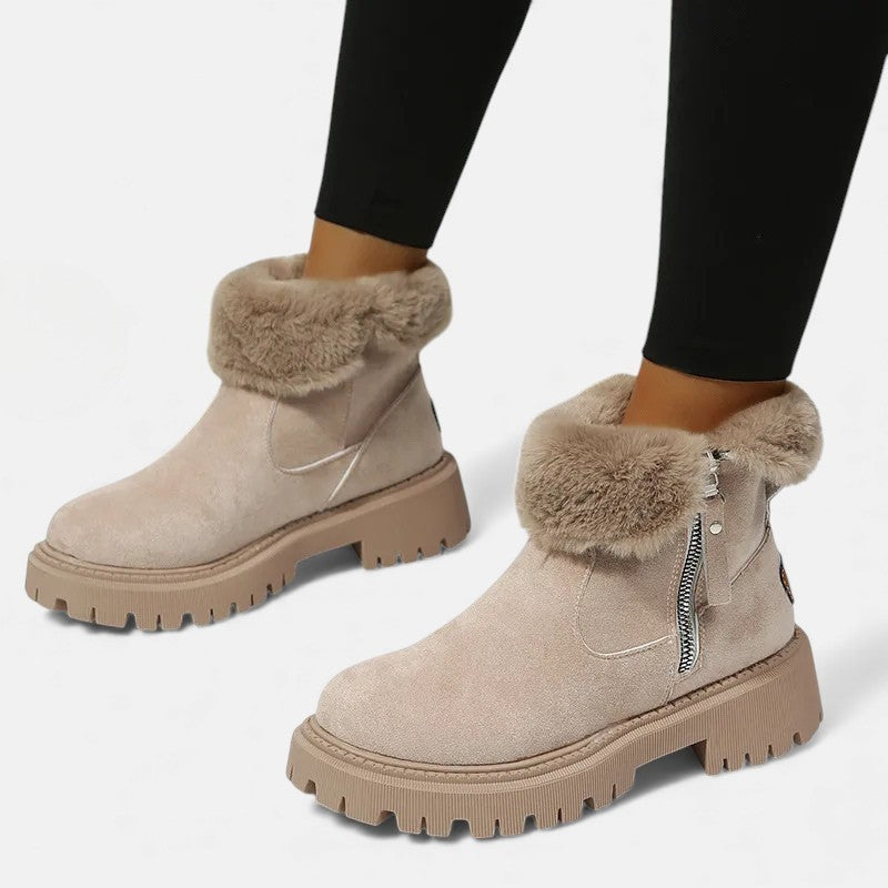 Women's Ankle Boots - Round Toe Side Zip Faux Fur Trim Lug Sole