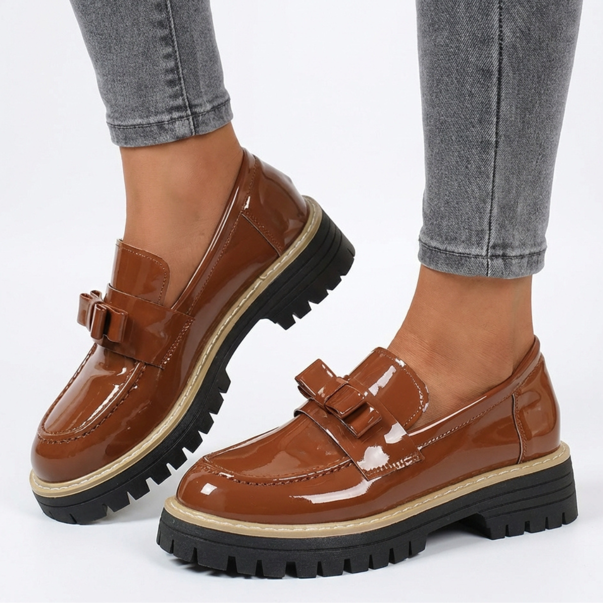 Tavelle | Classic Bow Detail Patent Platform Loafers