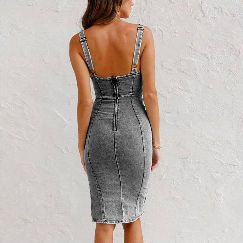 Women’s Fitted Denim Midi Dress - Sleeveless Design with Front Slit Detail