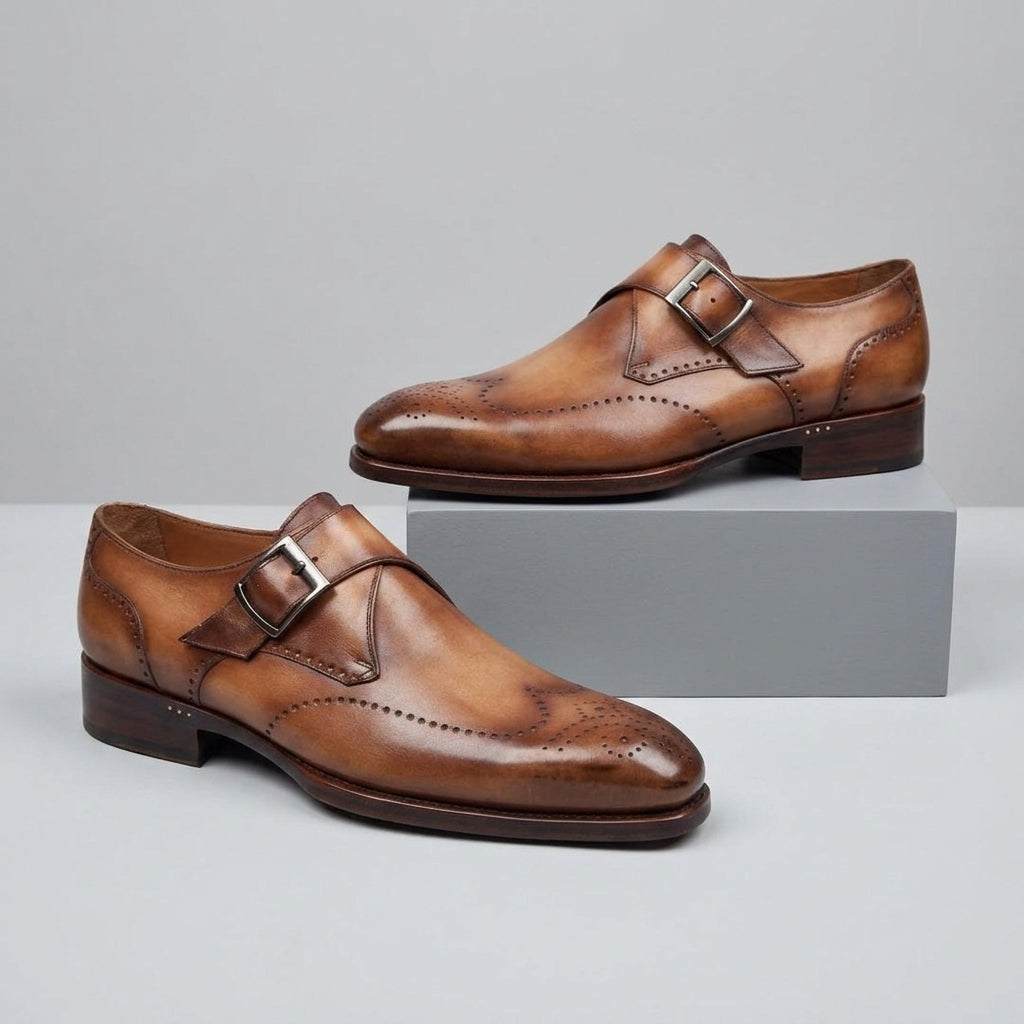 Men's Monk Strap Shoes Wingtip Brogue Low Block Heel