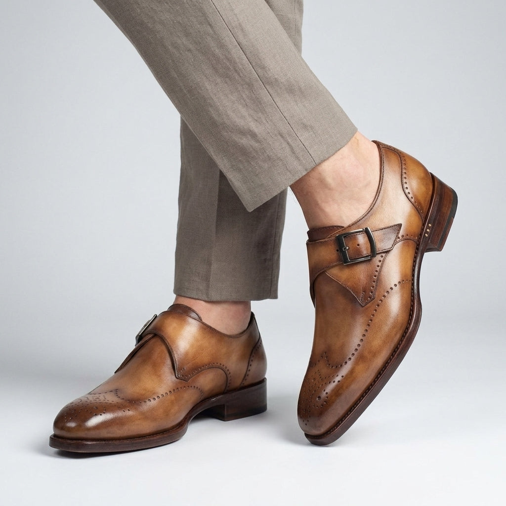 Men's Monk Strap Shoes Wingtip Brogue Low Block Heel