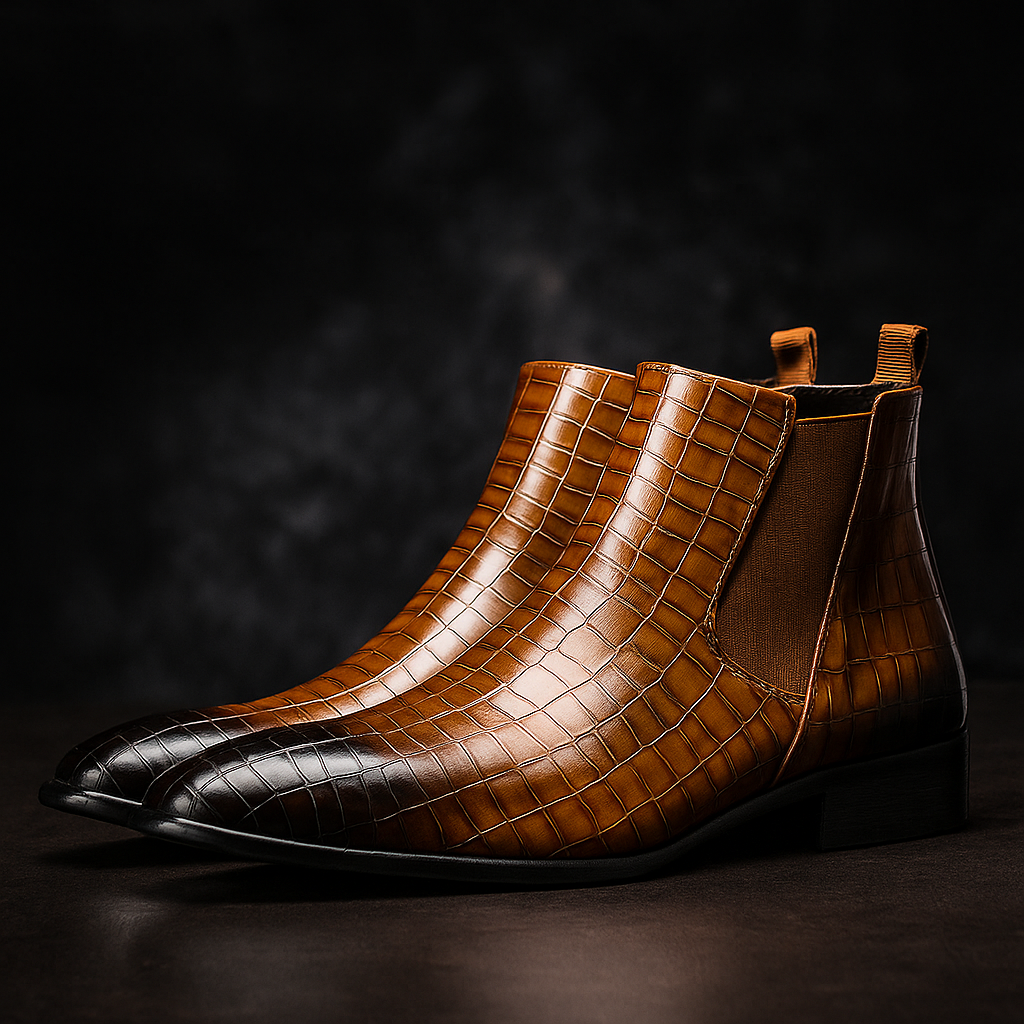 Men's Stylish Snakeskin Boots – Mid-Calf Design with Pointed Toe and Side Zip