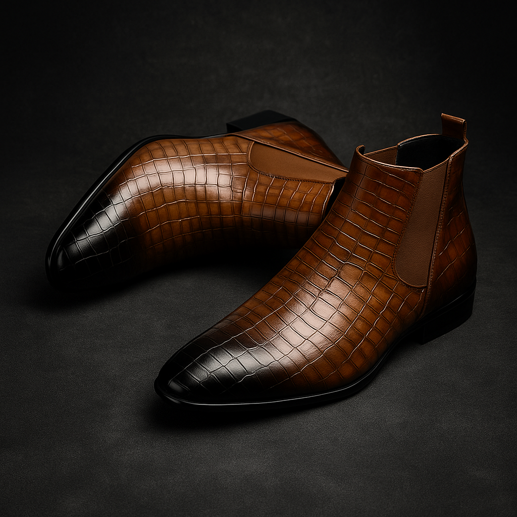 Men's Stylish Snakeskin Boots – Mid-Calf Design with Pointed Toe and Side Zip