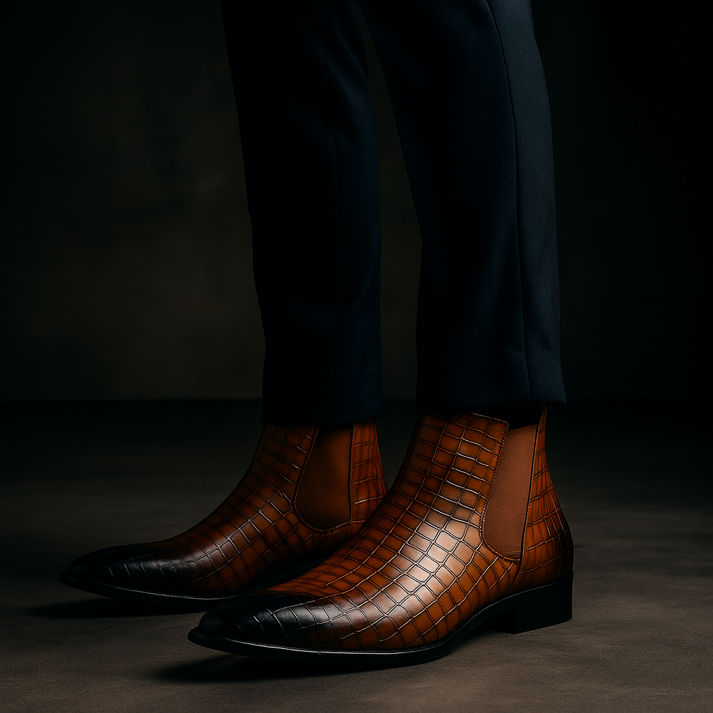 Men's Stylish Snakeskin Boots – Mid-Calf Design with Pointed Toe and Side Zip