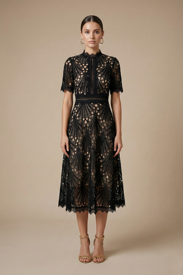 Women’s Elegant Lace Midi Dress - High Neck Design with Cutwork Detail