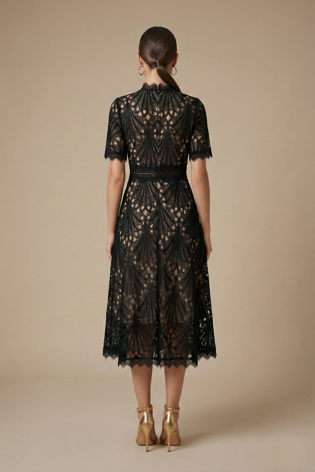 Women’s Elegant Lace Midi Dress - High Neck Design with Cutwork Detail