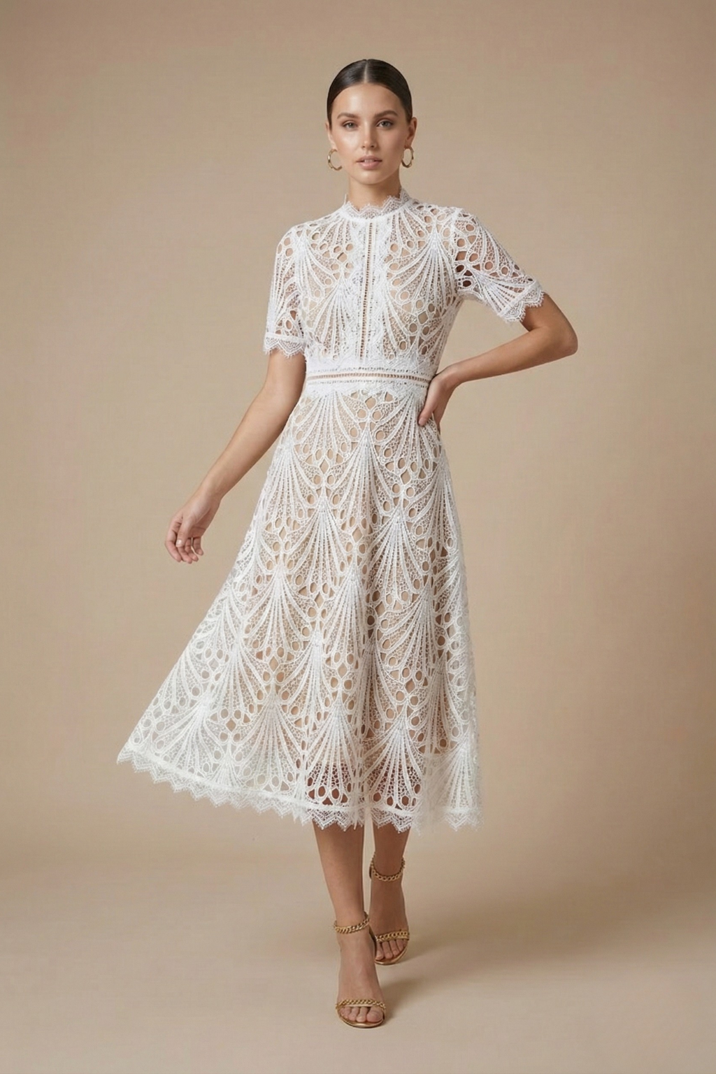 Women’s Elegant Lace Midi Dress - High Neck Design with Cutwork Detail