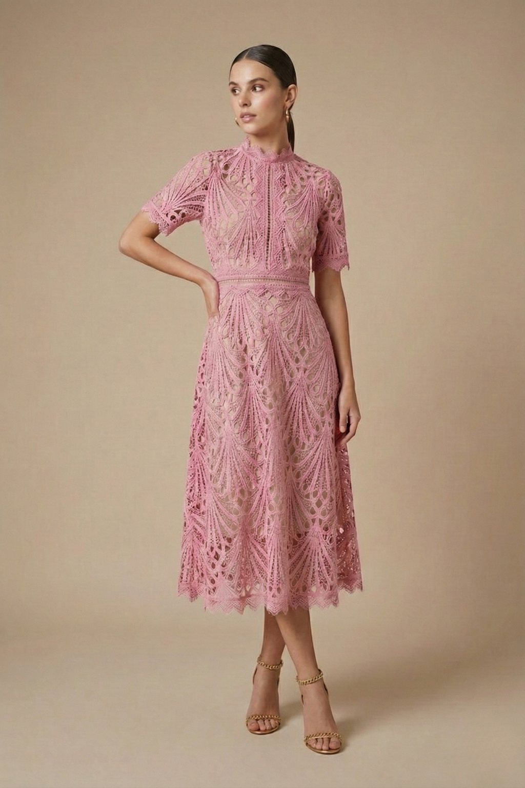 Women’s Elegant Lace Midi Dress - High Neck Design with Cutwork Detail