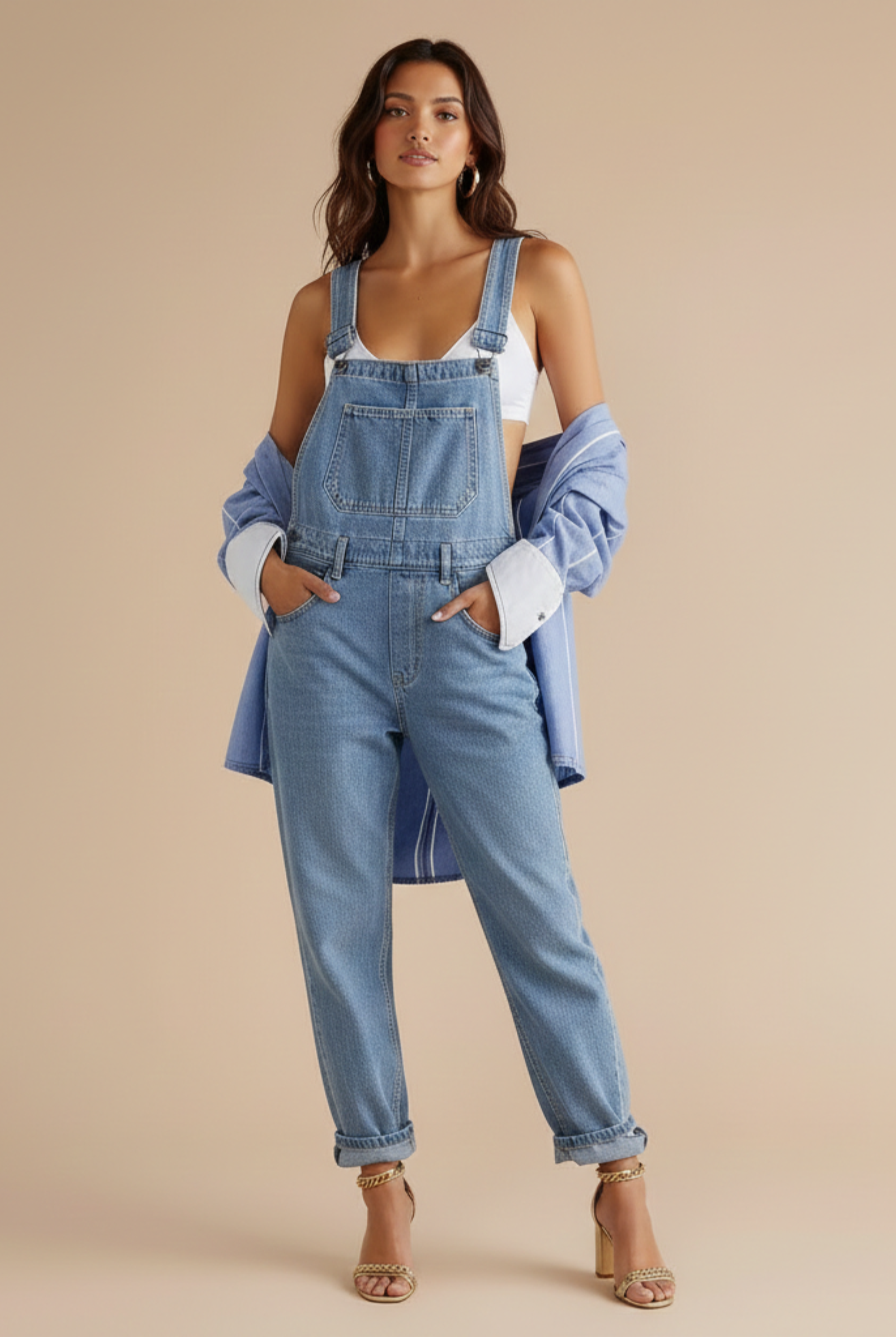 Women’s Relaxed Fit Dungarees with Crossed Back Straps and Side Pockets