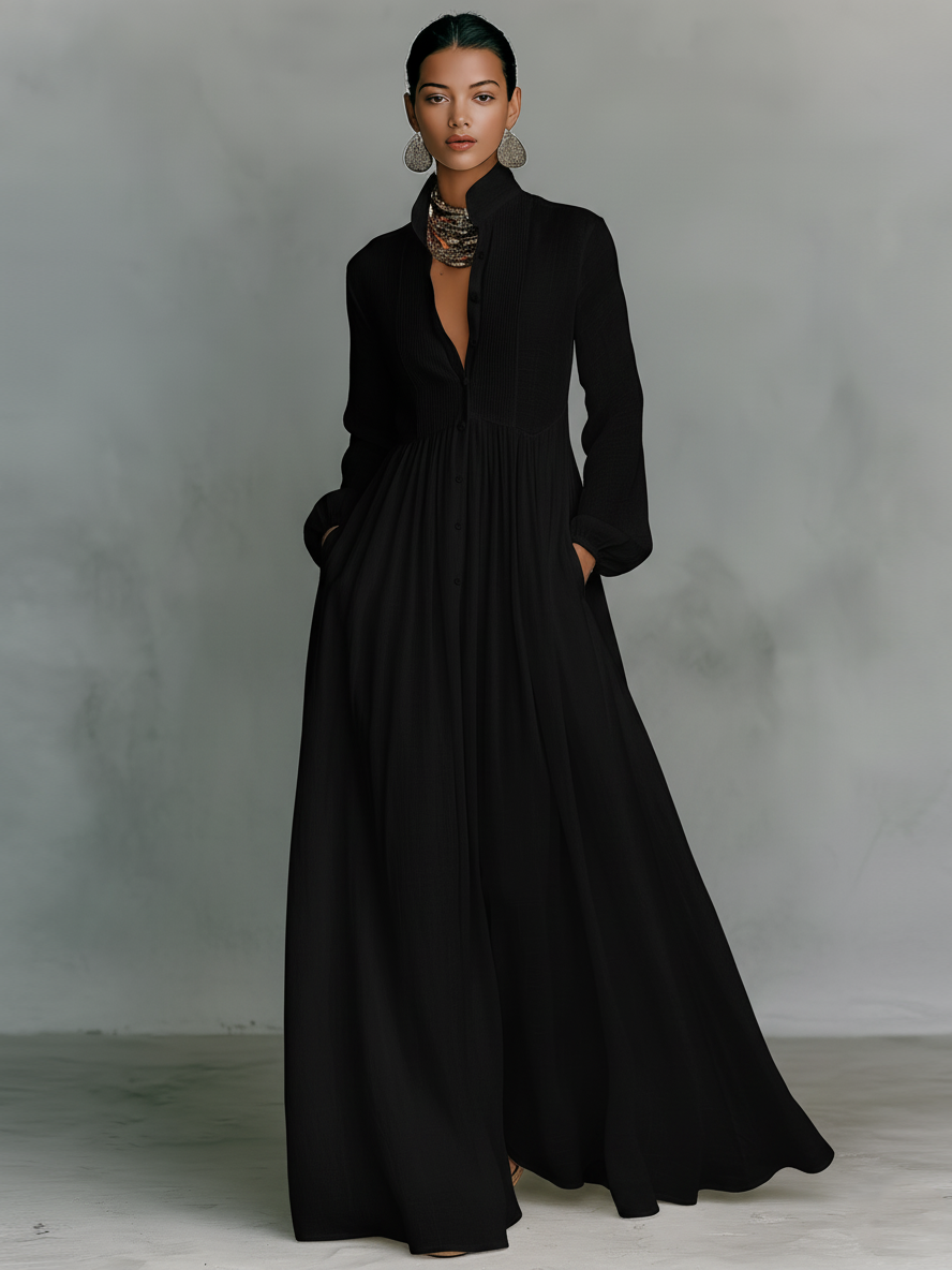 Celestia | Cotton Linen Maxi Dress Stand-Up Collar