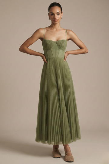 Women's Elegant Fit & Flare Midi Dress – Pleated Design with Sculpted Bodice