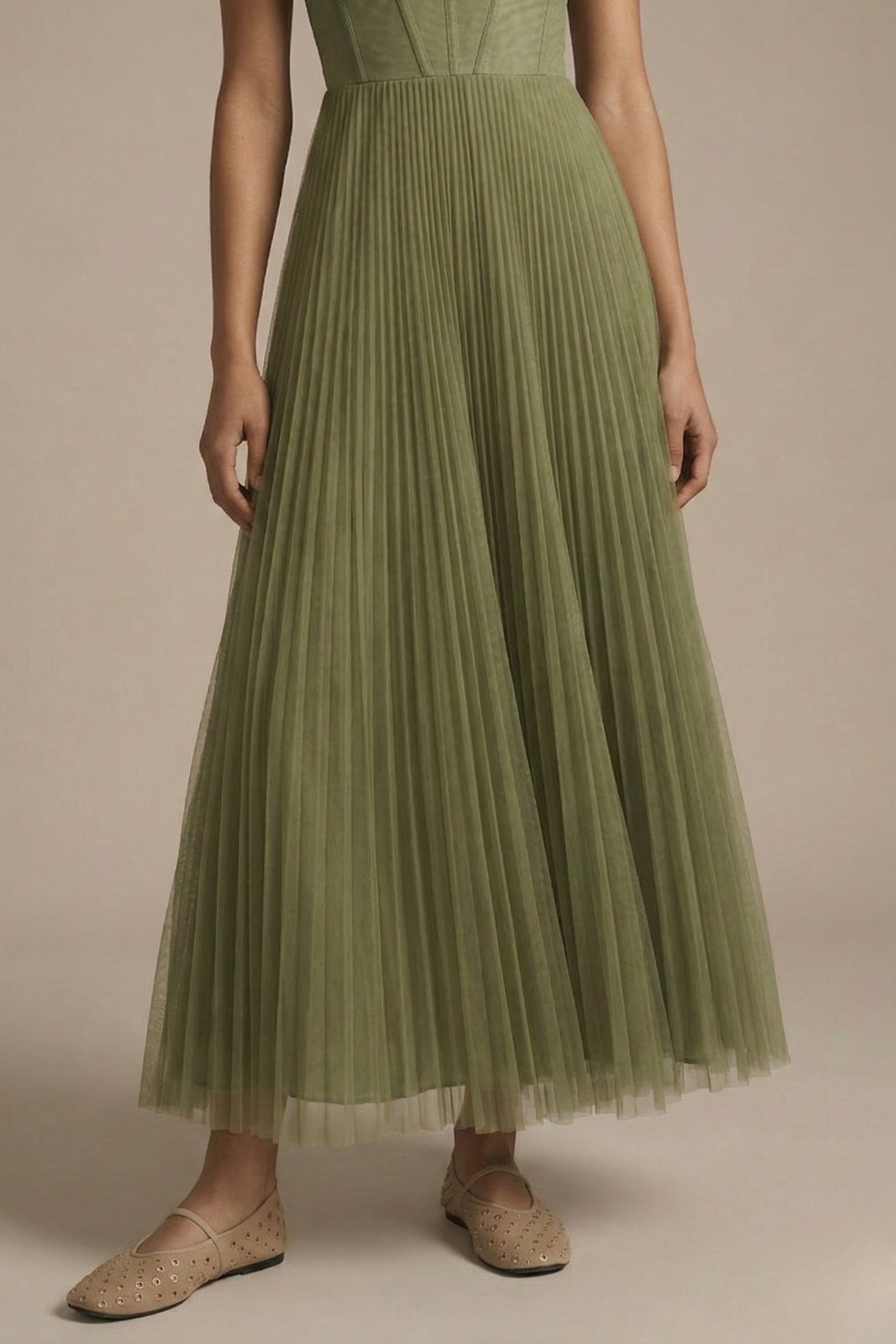 Women's Elegant Fit & Flare Midi Dress – Pleated Design with Sculpted Bodice