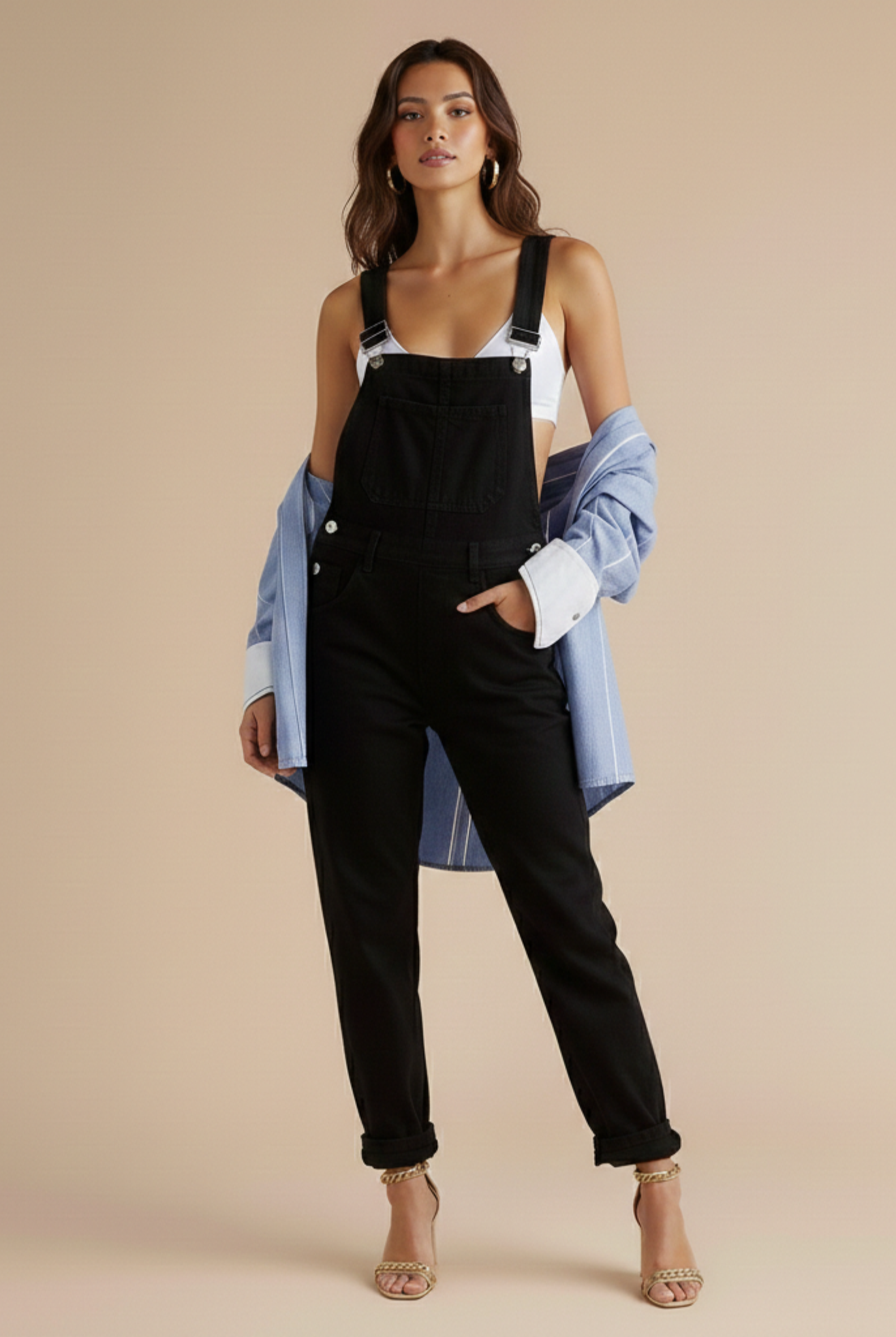 Women’s Relaxed Fit Dungarees with Crossed Back Straps and Side Pockets