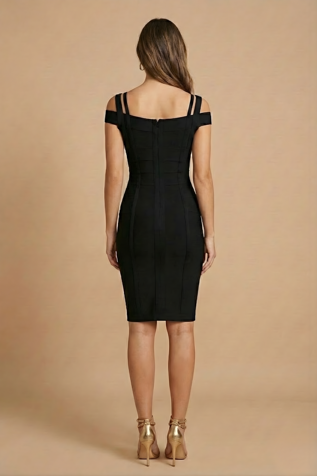 Women's Elegant Bandage Midi Dress - Off-Shoulder Straps and Body-Hugging Design