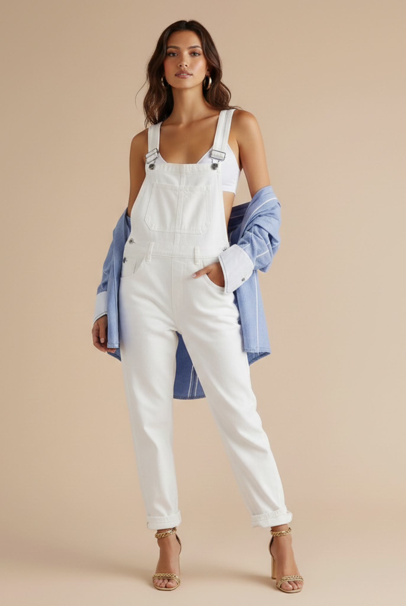 Women’s Relaxed Fit Dungarees with Crossed Back Straps and Side Pockets
