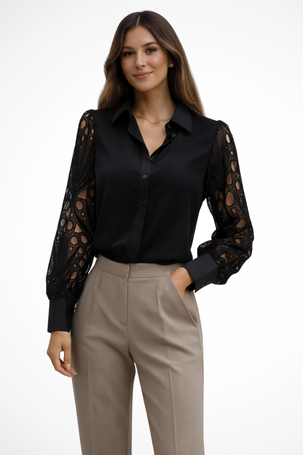 Isabella | Elegant Lace Sleeve Button Blouse