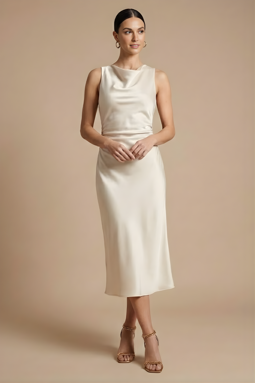 Women's Elegant Midi Dress - Sleeveless Design with Draped Neckline