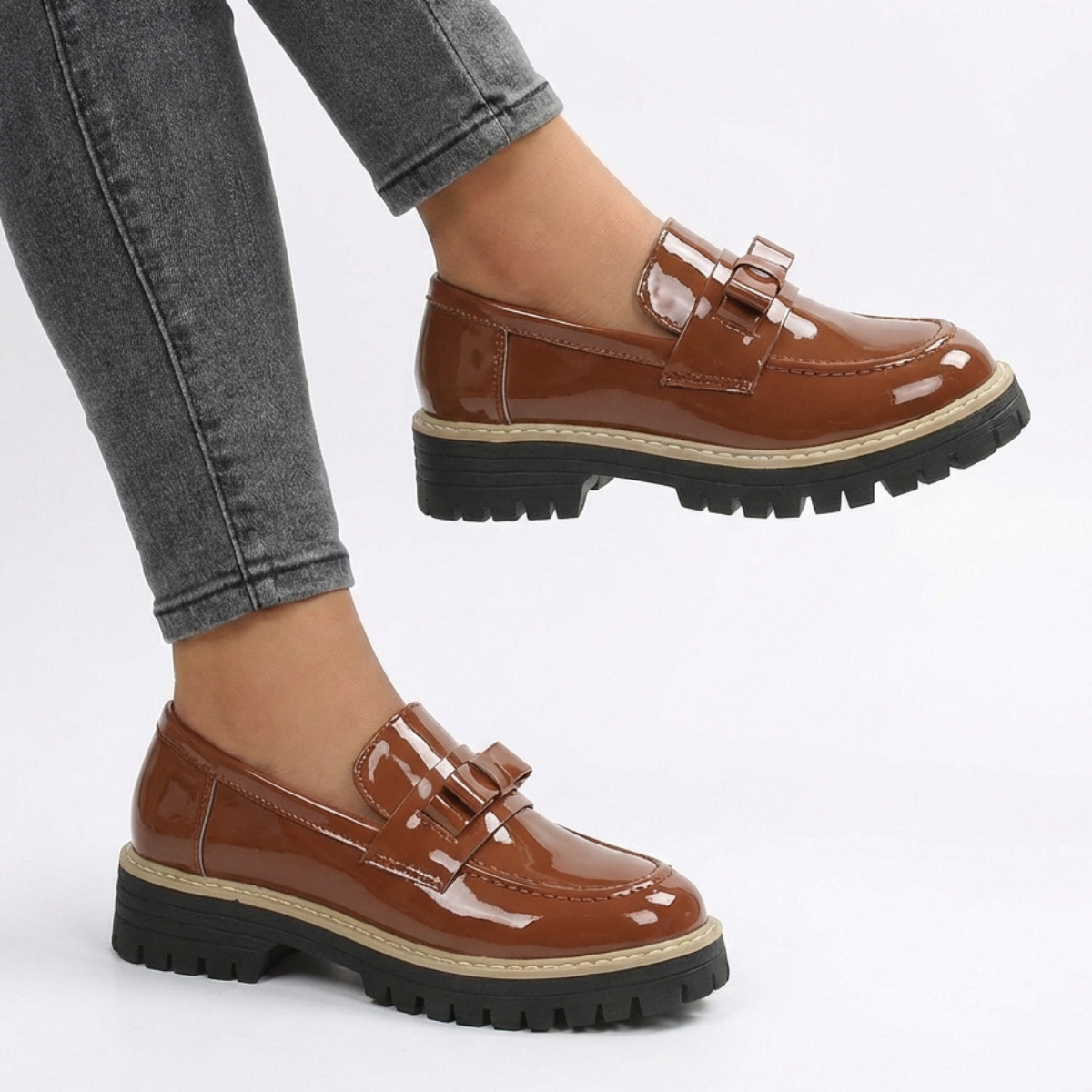 Tavelle | Classic Bow Detail Patent Platform Loafers