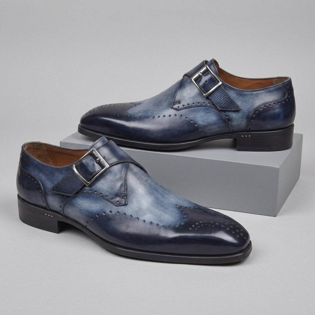 Men's Monk Strap Shoes Wingtip Brogue Low Block Heel