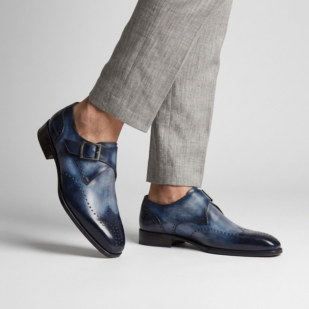 Men's Monk Strap Shoes Wingtip Brogue Low Block Heel