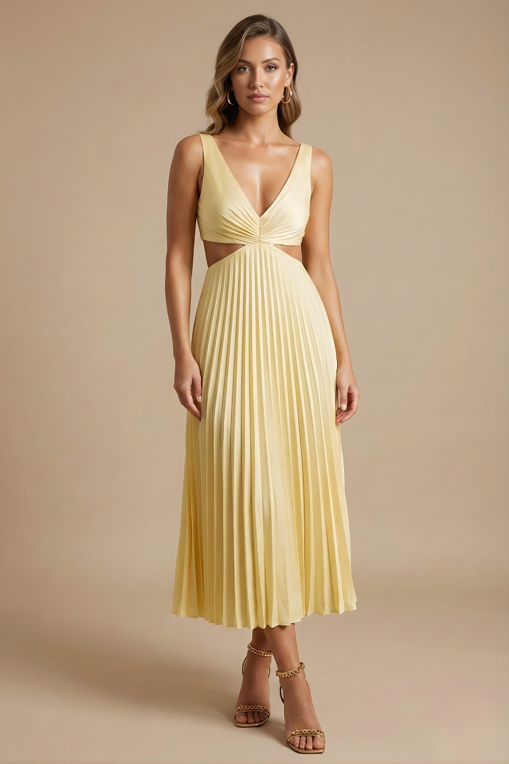 Women’s Elegant Midi Dress - Pleated Design with V Neckline and Defined Waist