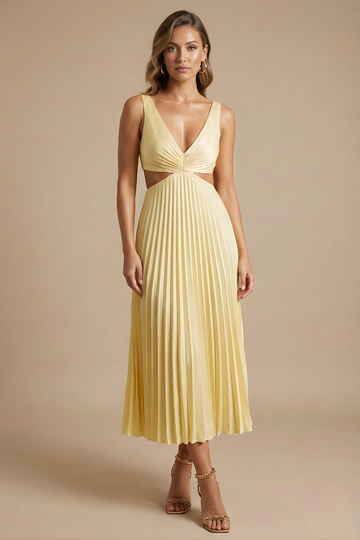 Women’s Elegant Midi Dress - Pleated Design with V Neckline and Defined Waist