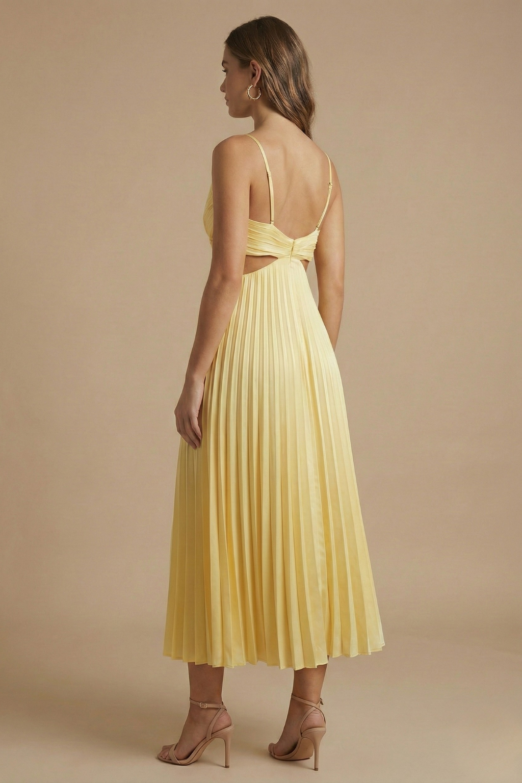 Women’s Elegant Midi Dress - Pleated Design with V Neckline and Defined Waist