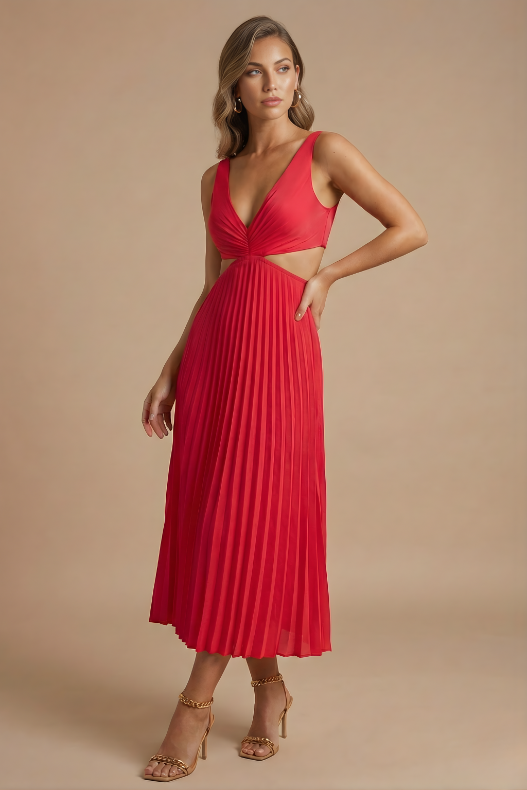 Women’s Elegant Midi Dress - Pleated Design with V Neckline and Defined Waist