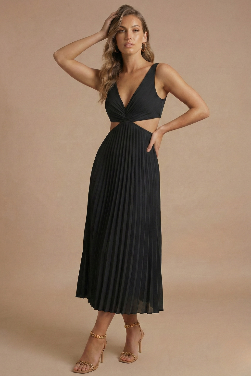Women’s Elegant Midi Dress - Pleated Design with V Neckline and Defined Waist