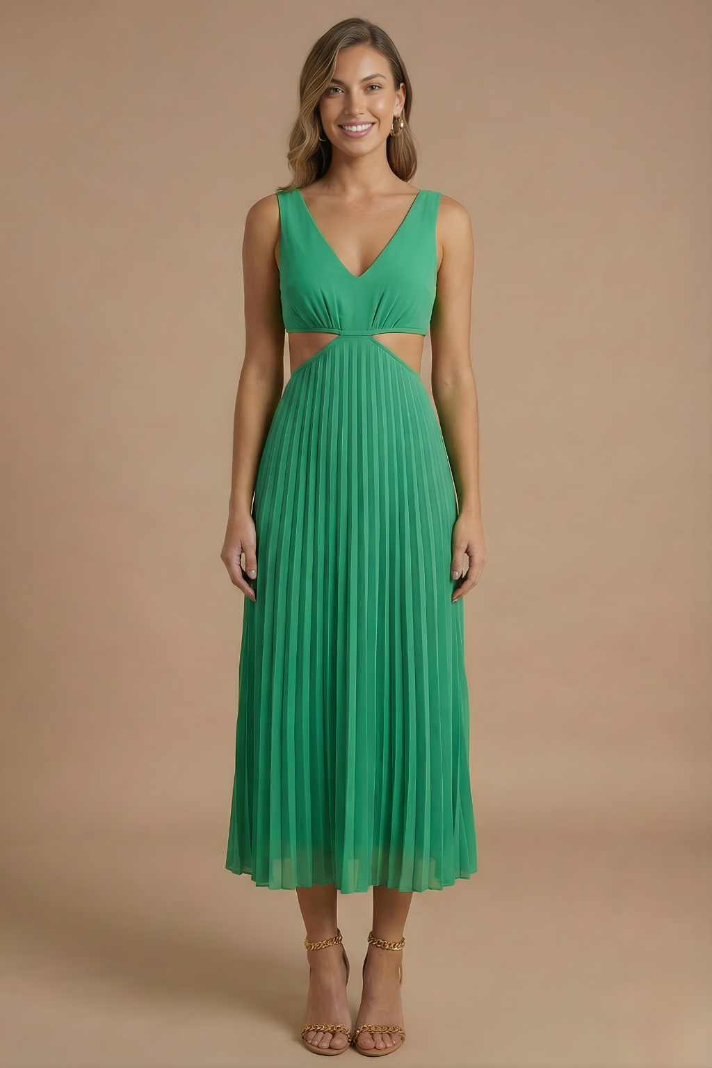 Women’s Elegant Midi Dress - Pleated Design with V Neckline and Defined Waist