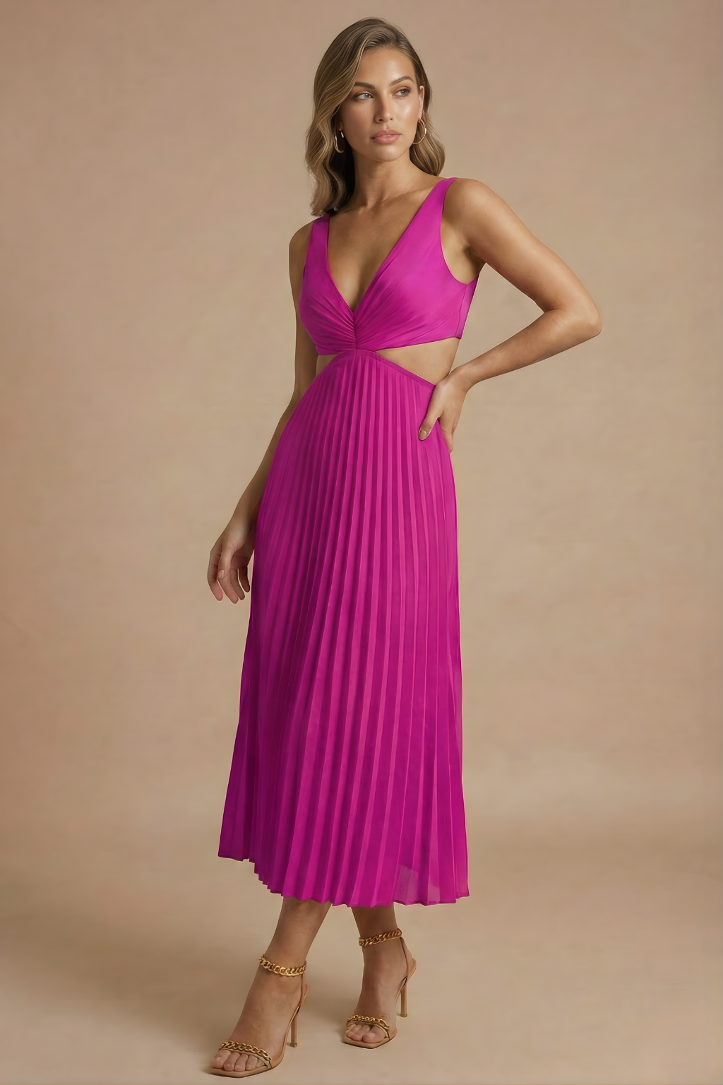 Women’s Elegant Midi Dress - Pleated Design with V Neckline and Defined Waist